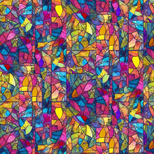 Timeless Treasures Fabrics Fantasia Stained Glass Bright, colorful stained glass pattern with vibrant pink, blue, yellow, and green hues in a mosaic design.