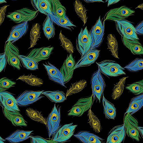 Timeless Treasures Fabrics Noble Plume Chong A Hwang Falling Peacock Feathers Black, vibrant and detailed peacock feather pattern on a black background.
