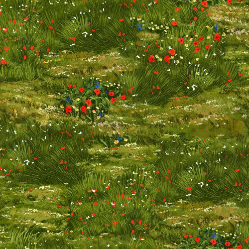 Timeless Treasures Fabrics Wild Mane Green Meadow Green, fabric design featuring a lush meadow with various green grass, red, white, and blue wildflowers and a natural, outdoor landscape appearance.