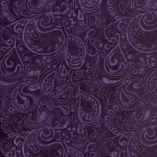 Timeless Treasures Fabrics Cosmic Tonga Batiks Paisley Grape, purple batik fabric with intricate paisley patterns in a darker shade of purple.