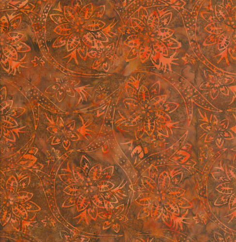 Timeless Treasures Fabrics Painted Canyon Tonga Batiks Holiday Suede, vibrant orange, brown, and red batik fabric with floral and paisley patterns.