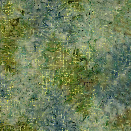 Timeless Treasures Fabrics Radiant Meadow Tonga Batiks Wing and a Prayer Dotty Grids Pasture, watercolor-style green fabric with yellow dotted grid pattern.