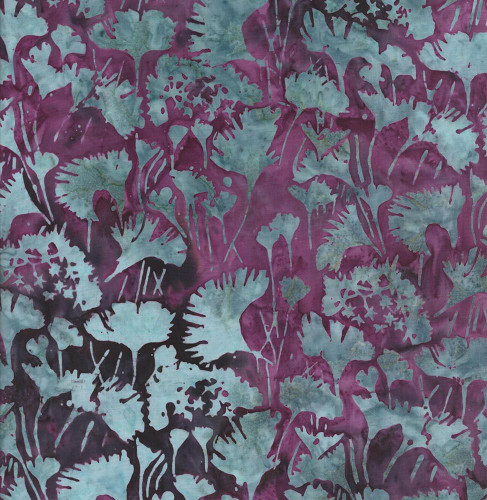 Timeless Treasures Fabrics Misty Beaches Tonga Batiks Shadowy Leaves Plum Purple, batik fabric with shadowy leaves pattern in shades of purple and green.