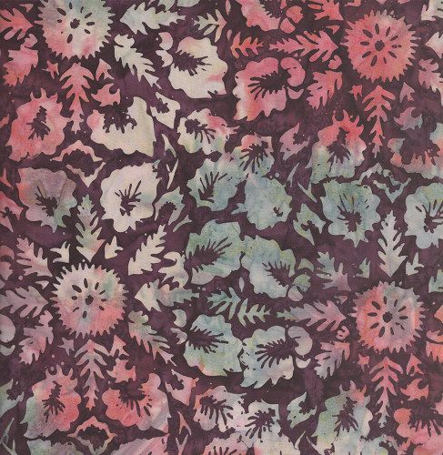 Timeless Treasures Fabrics Misty Beaches Tonga Batiks Water Leaves Raisin Purple, fabric featuring watercolor water leaves and floral patterns in shades of purple, pink, and green.