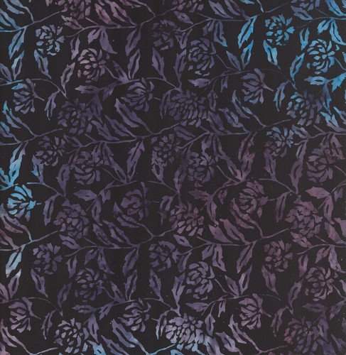 Timeless Treasures Fabrics Misty Beaches Tonga Batiks Flower'S Garden Majesty Purple, fabric with a floral pattern in shades of purple and blue on a dark background.