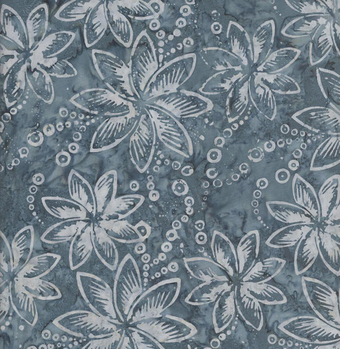 Timeless Treasures Fabrics Misty Beaches Tonga Batiks Pearled Flowers Stone Cream Grey, a fabric with a blue-grey background featuring white floral and bubble patterns.