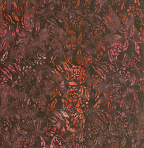 Timeless Treasures Fabrics Painted Canyon Tonga Batiks Flower's Garden Earth Brown, fabric with a floral batik design in shades of brown, red, and orange.