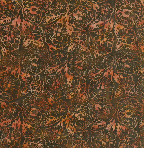 Timeless Treasures Fabrics Painted Canyon Tonga Batiks Packed Flowers Coffee Brown, fabric with a floral pattern in coffee brown and orangish hues.