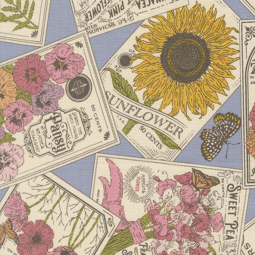 Moda Fabrics My Secret Garden Stacy Iest Hsu Seeds of Love Floral Seed Packets Blue Yellow Pink