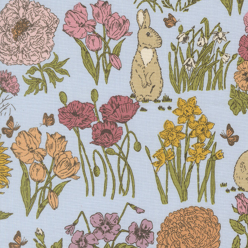 Moda Fabrics My Secret Garden Stacy Iest Hsu Garden Bunnies Flowers Blue