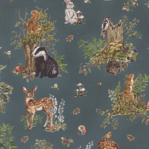 Moda Fabrics Fable and Fern Watercolour Heart Woodland Tales Beneath The Trees Animals Indigo Blue