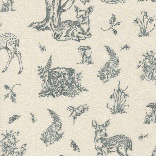 Moda Fabrics Fable and Fern Watercolour Heart Fawns Fables Deer Bird Toile Eggshell Blue