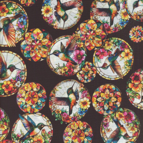 Quilting Treasures Fabrics Flight of the Hummingbird Dan Morris Stained Glass Circles Black
