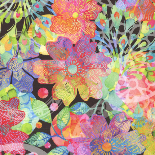 In The Beginning Fabrics Floriana Jason Yenter Black Pink Red Green Purple Peacocks Flowers