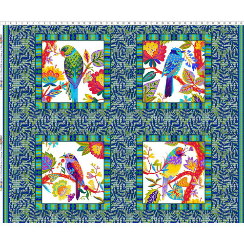 In The Beginning Fabrics Free As a Bird Jason Yenter White Blue Purple Red Flowers and Birds Panel