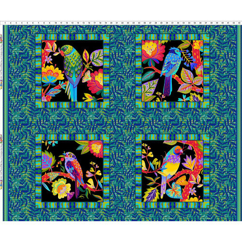 In The Beginning Fabrics Free As a Bird Jason Yenter Black Red Yellow Green Flowers and Birds Panel