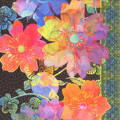 In The Beginning Fabrics Floriana Jason Yenter Black Pink Red Green Purple Floral Border Stripe