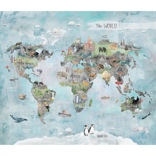 Clothworks Fabrics Our World World Map Panel 36 Inch Blue Green Brown