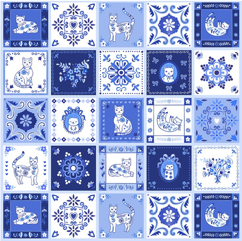 Windham Fabrics Chateau Meow Whistler Studios Tails and Tiles White Blue