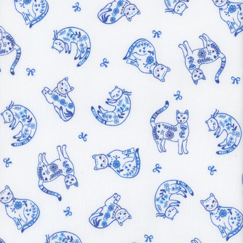 Windham Fabrics Chateau Meow Whistler Studios Purrcelain Cats White Blue