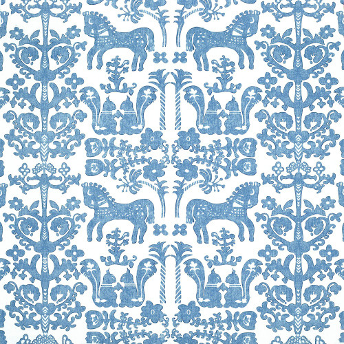 P Kaufmann Fabrics Folk Vignette Blue Blue White Folk Art Toile Horses Squirrels