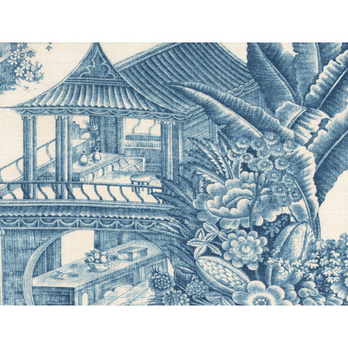 P Kaufmann Fabrics Blossom Pagoda Porcelain Blue White Oriental Garden Toile Scenic