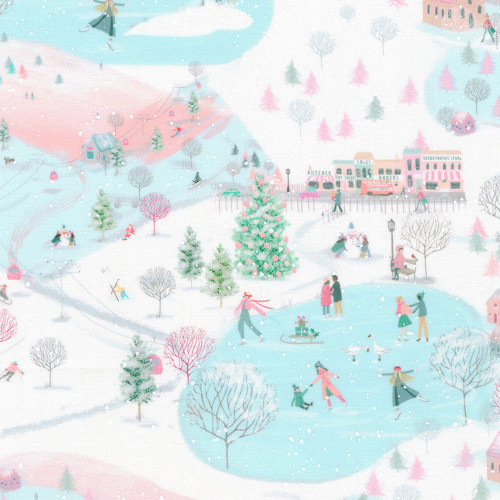 Robert Kaufman Fabrics Wintertime Sally Wilson Pink Blue White Snowy Village Scene Ice Skaters