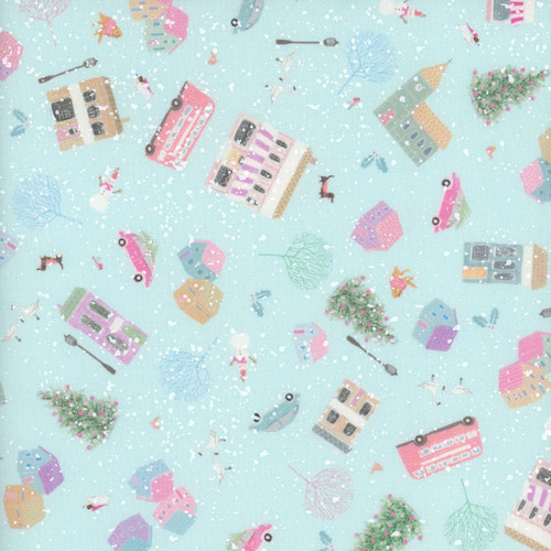 Robert Kaufman Fabrics Wintertime Sally Wilson Powder Blue Snowy Buildings Cars Trees Buses