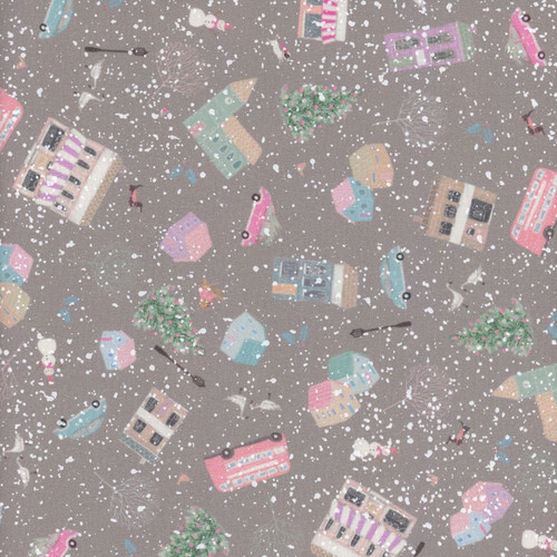 Robert Kaufman Fabrics Wintertime Sally Wilson Fog Grey Snowy Buildings Cars Trees Buses