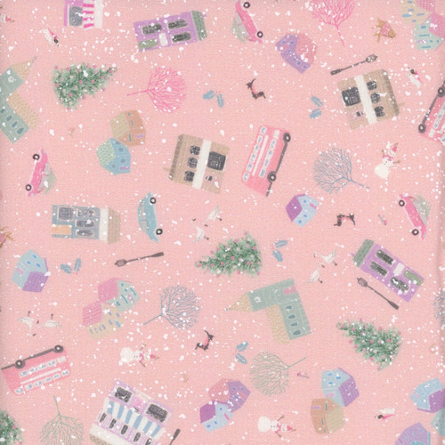 Robert Kaufman Fabrics Wintertime Sally Wilson Peach Pink Snowy Buildings Cars Trees Buses