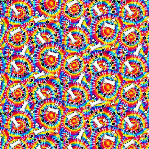 Timeless Treasures Fabrics Mutts Be Love Bones And Paw On Tie Dye Multi Yellow Blue Red