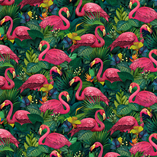 Timeless Treasures Fabrics Paradise Found Flamingos On Tropical Leaves Multi Pink Green
