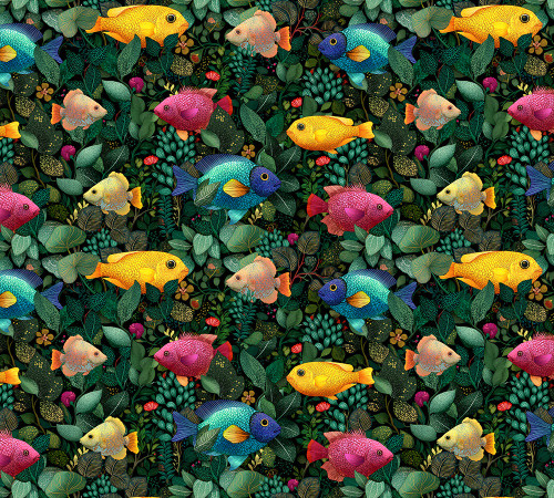Timeless Treasures Fabrics Paradise Found Tropical Fish Tropical Yellow Pink Green