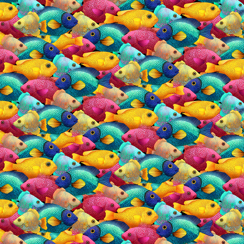 Timeless Treasures Fabrics Paradise Found Packed Fish Multi Yellow Blue Pink