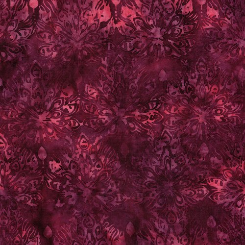 Lumin Fabrics Island Batik Feather Fantasy Jerry Khiev Peacock Medallion Red Burgundy