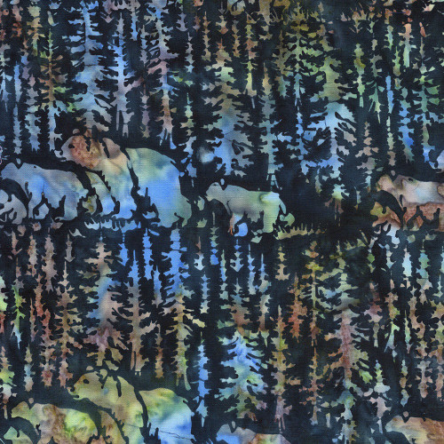 Lumin Fabrics Island Batik Twigs and Tails Jerry Khiev Bears and Fir Trees Blue Midnight Blue