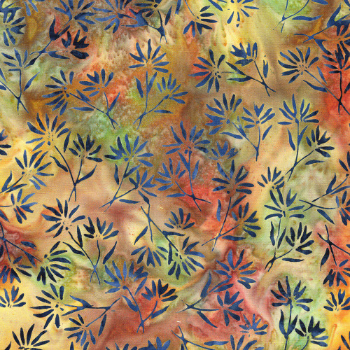 Lumin Fabrics Island Batik Twigs and Tails Jerry Khiev Flowers Multi Green Gold Orange