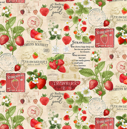 Timeless Treasures Fabrics Berry Sweet Strawberries Market Collage Beige