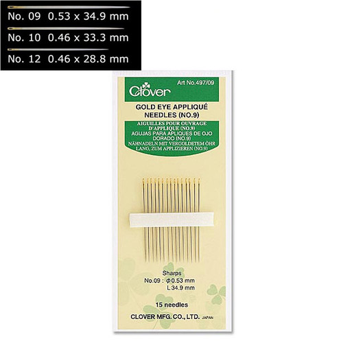 Clover Applique Needles Sharps Gold Eye Size 9