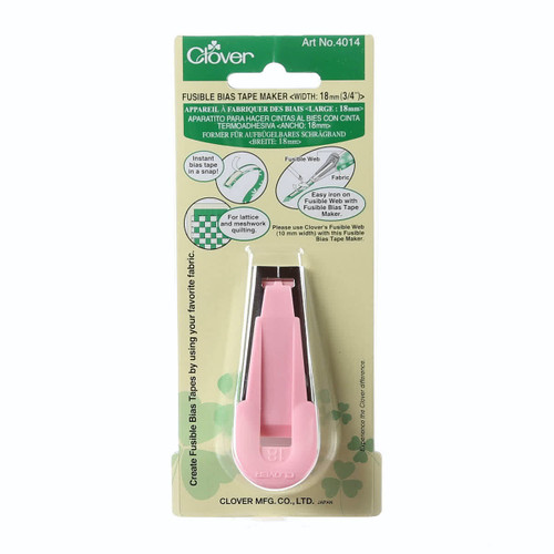 Clover Fusible Bias Tape Maker is suitable for heat sensitive adhesive tape. Make bias tape from any material you like. Simply combine your fabric type of your choice with Fusible Web and iron on. Set heat sensitive adhesive tape in the upper groove and a piece of material cut on the bias in the lower groove. By pulling the two at the same time and ironing them, you can easily make bias tape that can be temporarily bonded using an iron.