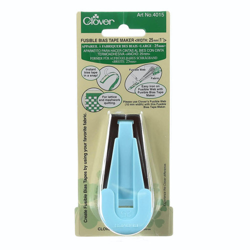 Clover Fusible Bias Tape Maker is suitable for heat sensitive adhesive tape. Make bias tape from any material you like. Simply combine your fabric type of your choice with Fusible Web and iron on. Set heat sensitive adhesive tape in the upper groove and a piece of material cut on the bias in the lower groove. By pulling the two at the same time and ironing them, you can easily make bias tape that can be temporarily bonded using an iron.