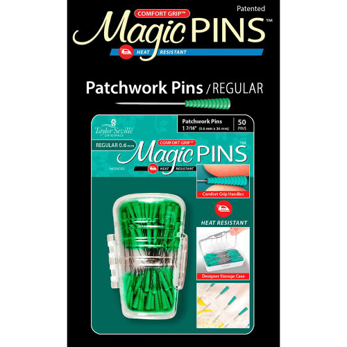 Ghi Inc Magic Pins Patchwork Regular 50Pc&nbsp;<BR><br>The Comfort Magic Pins have a comfort grip head that makes picking up and maintaining a grip on the pin, easy. The Comfort Grip Magic Pins are also heat resistant, so if you iron over them, they will not be ruined.