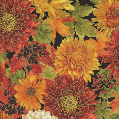 Timeless Treasures Fabrics Fall Is In The Air Packed Harvest Bouquets Metallic Black