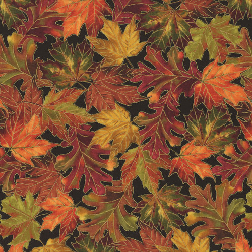 Timeless Treasures Fabrics Thankful Allover Metallic Autumn Leaves Black