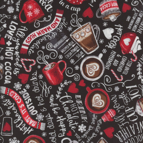 Timeless Treasures Fabrics Cookies For Santa Hot Chocolate Winter Drinks Black