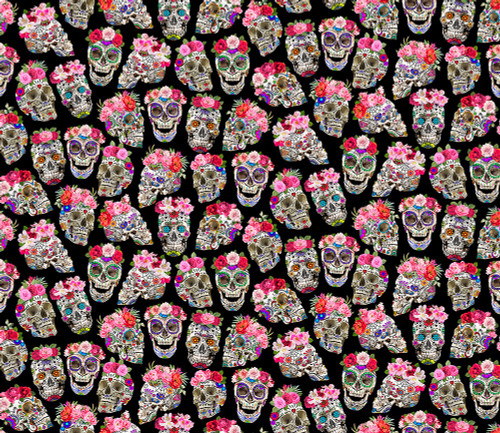 Timeless Treasures Fabrics Esperanza Day Of The Dead Skulls With Flower Crowns Black