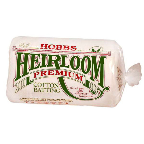 Hobbs developed this blended cotton batting to be a natural fiber alternative to polyester for the discriminating quilter. Heirloom quilt batting is wonderful to quilt for hand or machine quilters. This quilt batting can be quilted up to 3.5 inches apart. Allow for 5% shrinkage for this quilt batting.