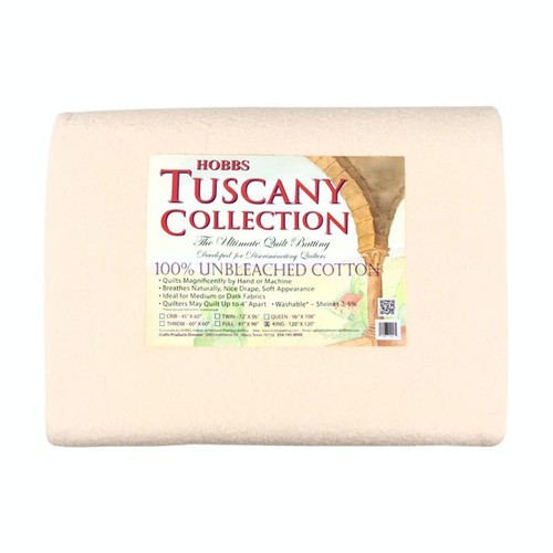 Hobbs Tuscany Unbleached Cotton King Size batting.  Quilt up to 4 inches apart.  Breathes naturally with a soft drape.  This item is washable, allow for 3-5% shrinking after wash.&nbsp;<BR>This item is Oversized. Restrictions apply for Free Shipping. Limit 2 battings per order.