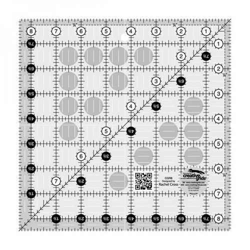This 8-1/2 inch square features easy-to-read black and white markings printed in 1 inch grids marked in 1/8 inch and 1/4 inch increments.