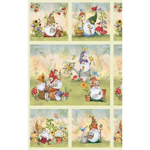 Wilmington Prints Fabrics Gnome and Garden Susan Winget Gardening Gnomes Panel